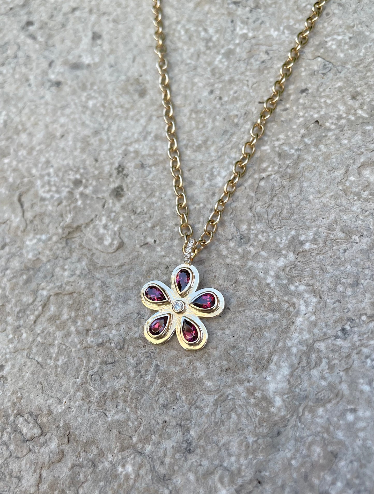 Pink Tourmaline and Diamond Flower on Paperclip Chain