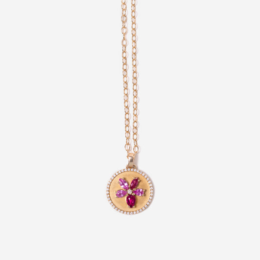 Floral Gemstone and Diamond Medallion with Chain